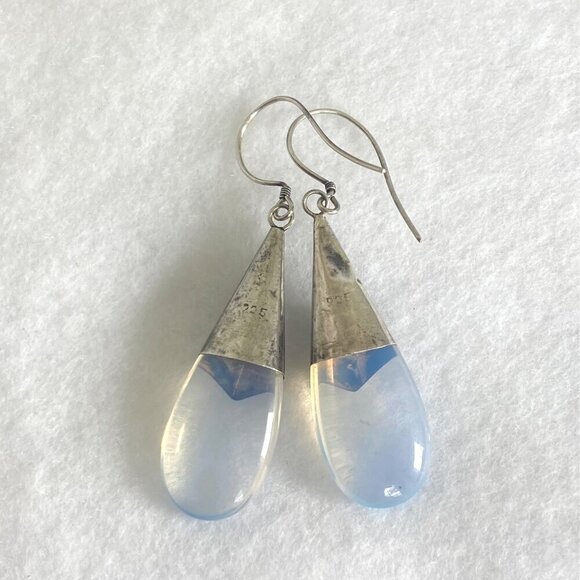 Sterling Silver 925 Oval Bezel Set Amethyst & Opalite Teardrop Dangle Earrings - Picture 8 of 16